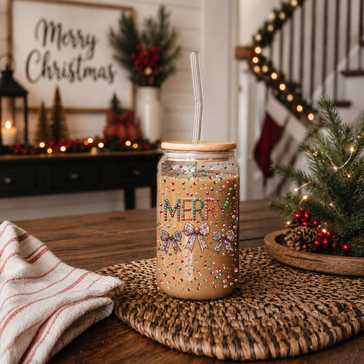 Merry Sequin Bow Glass Tumbler 17oz Bamboo Lid Christmas Great Gift for Friends
