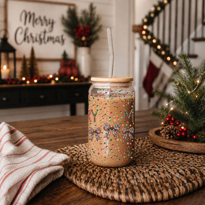 Merry Sequin Bow Glass Tumbler 17oz Bamboo Lid Christmas Great Gift for Friends