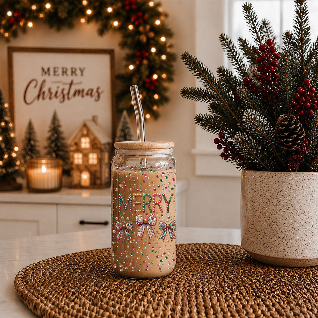 Merry Sequin Bow Glass Tumbler 17oz Bamboo Lid Christmas Great Gift for Friends
