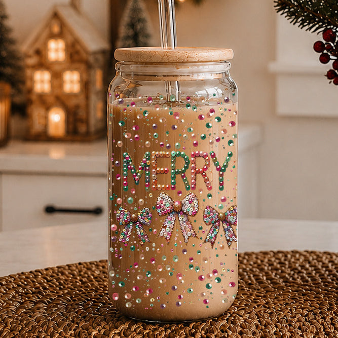 Merry Sequin Bow Glass Tumbler 17oz Bamboo Lid Christmas Great Gift for Friends