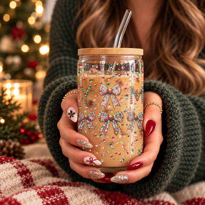 Merry Sequin Bow Glass Tumbler 17oz Bamboo Lid Christmas Great Gift for Friends
