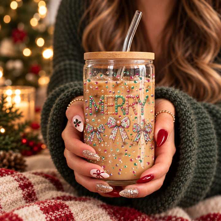 Merry Sequin Bow Glass Tumbler 17oz Bamboo Lid Christmas Great Gift for Friends