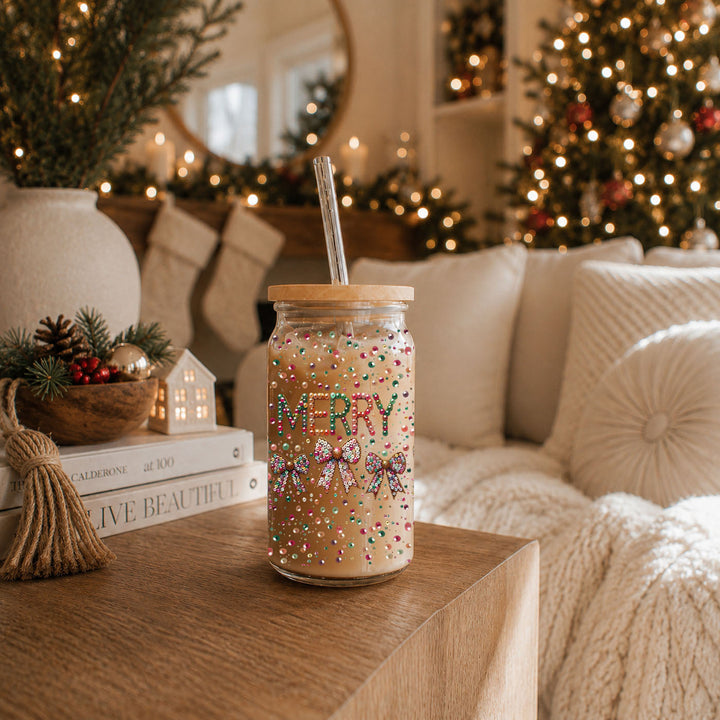 Merry Sequin Bow Glass Tumbler 17oz Bamboo Lid Christmas Great Gift for Friends