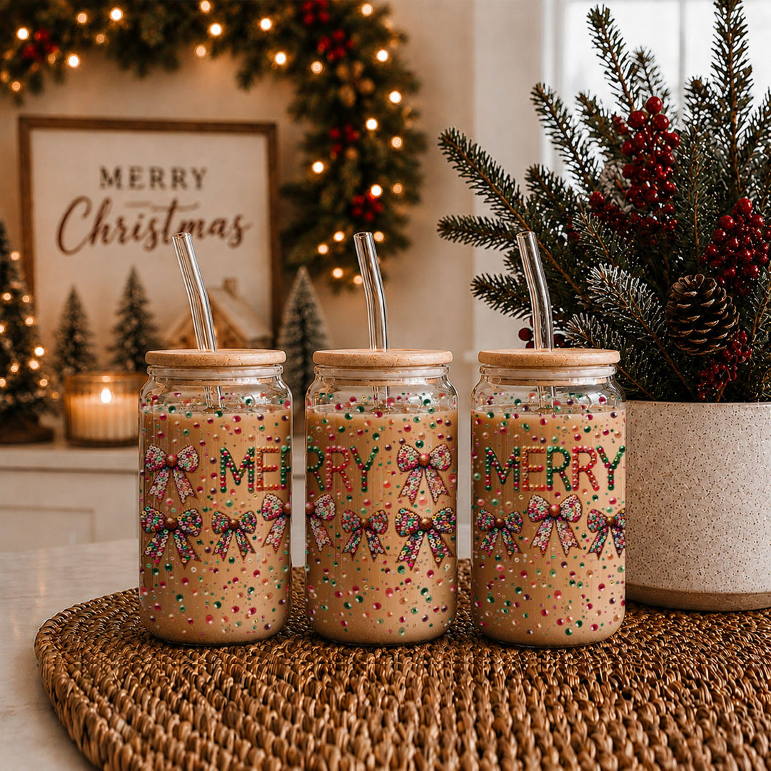 Merry Sequin Bow Glass Tumbler 17oz Bamboo Lid Christmas Great Gift for Friends