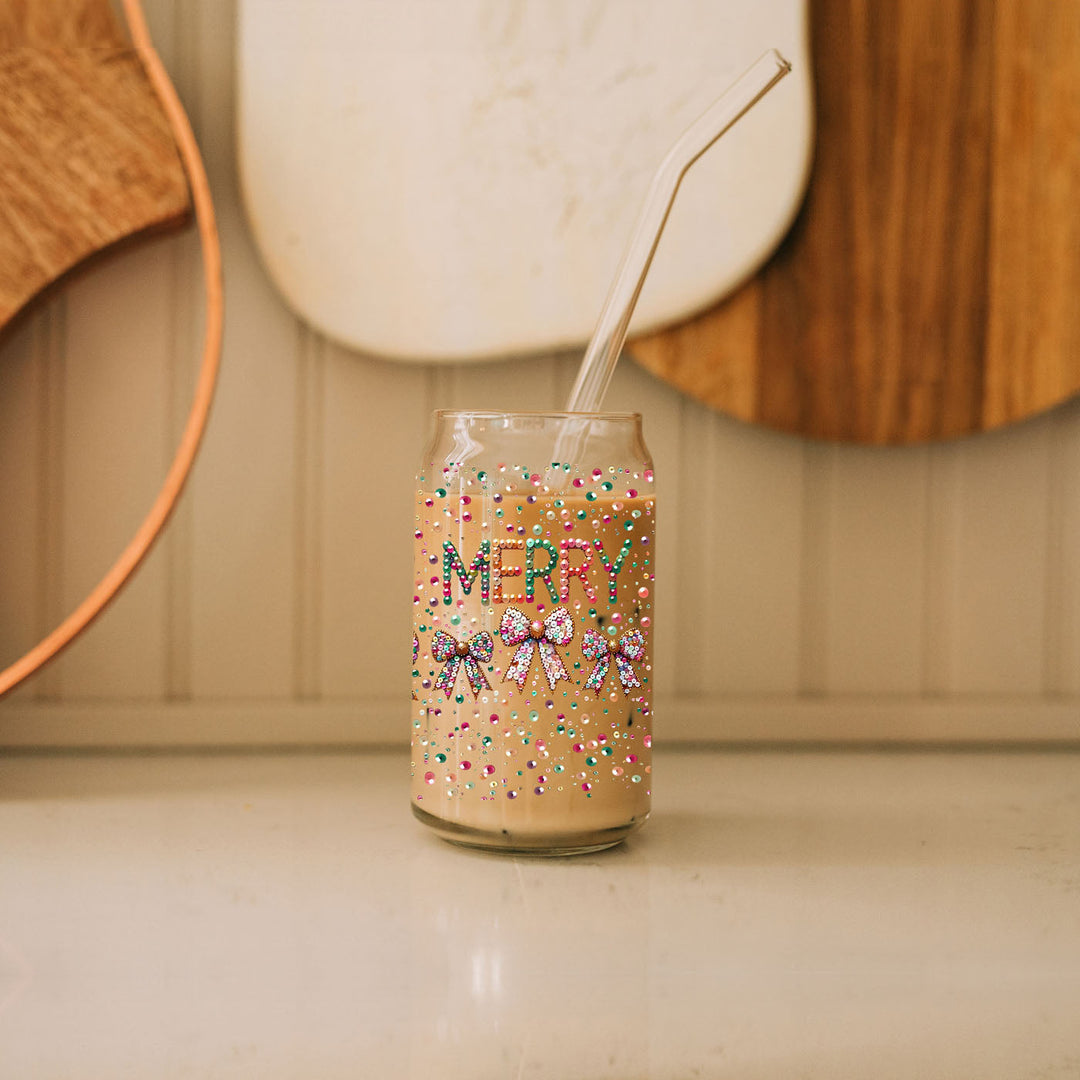 Merry Sequin Bow Glass Tumbler 17oz Bamboo Lid Christmas Great Gift for Friends