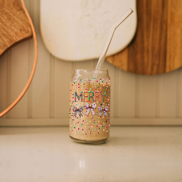 Merry Sequin Bow Glass Tumbler 17oz Bamboo Lid Christmas Great Gift for Friends