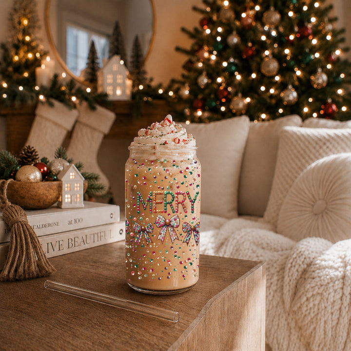 Merry Sequin Bow Glass Tumbler 17oz Bamboo Lid Christmas Great Gift for Friends