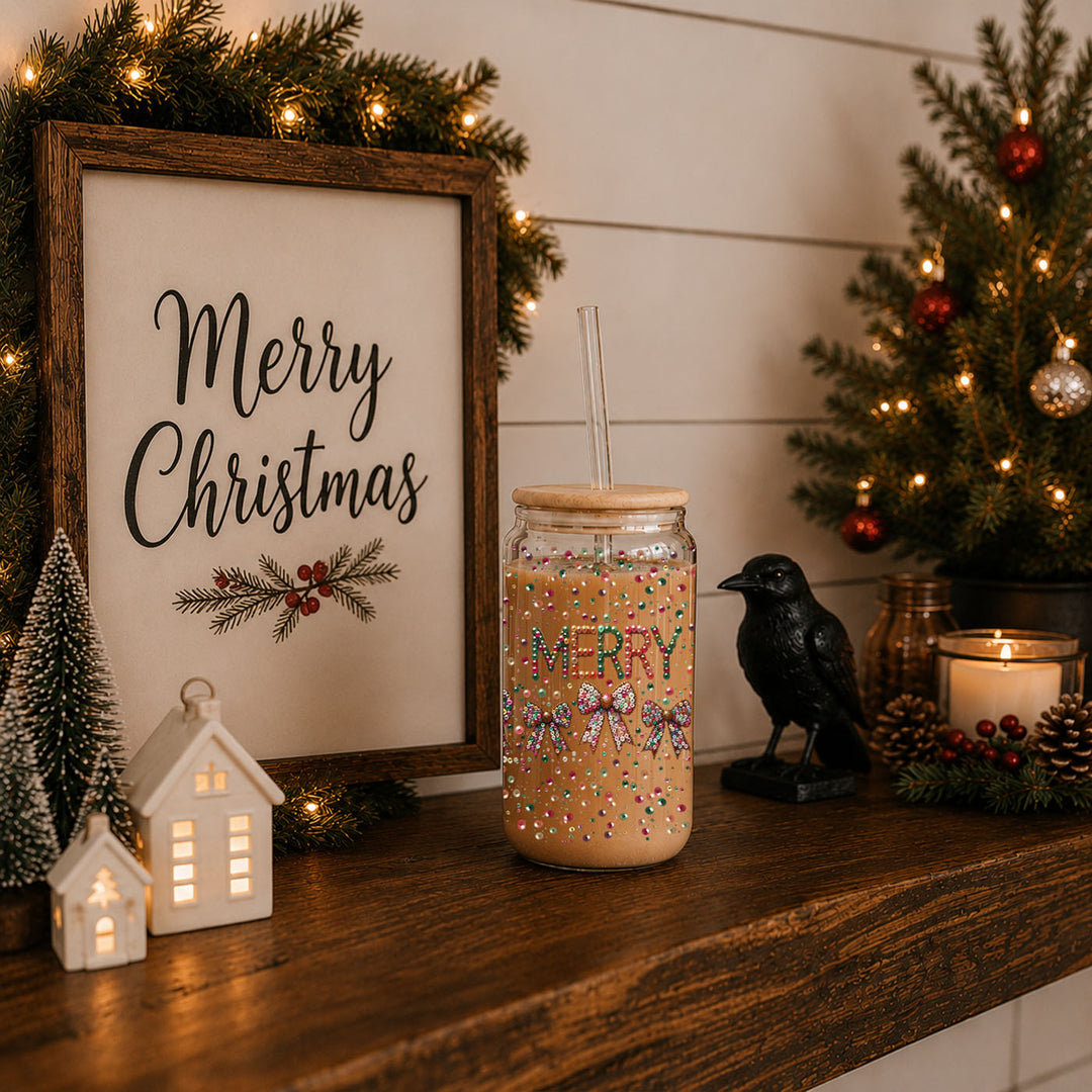 Merry Sequin Bow Glass Tumbler 17oz Bamboo Lid Christmas Great Gift for Friends