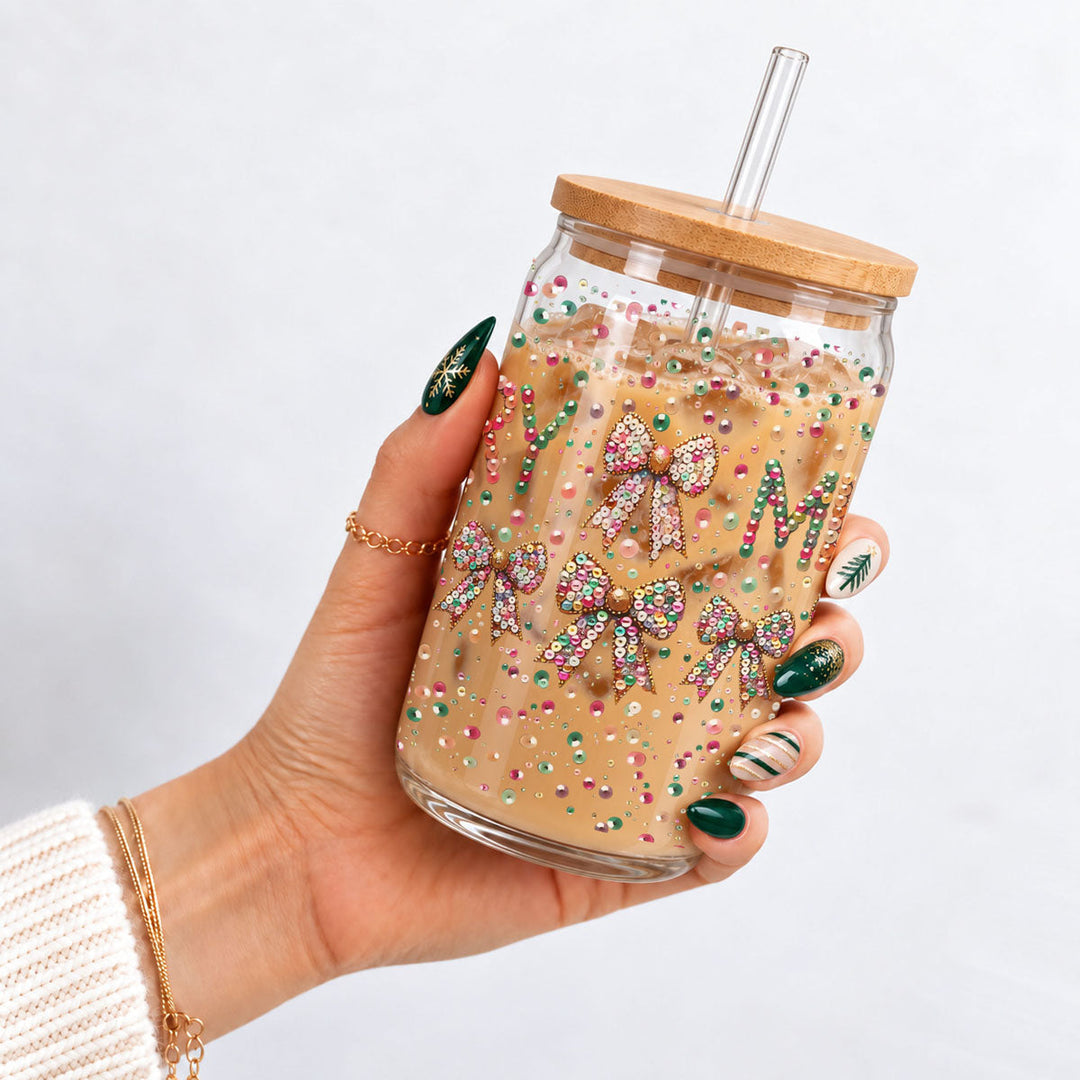 Merry Sequin Bow Glass Tumbler 17oz Bamboo Lid Christmas Great Gift for Friends