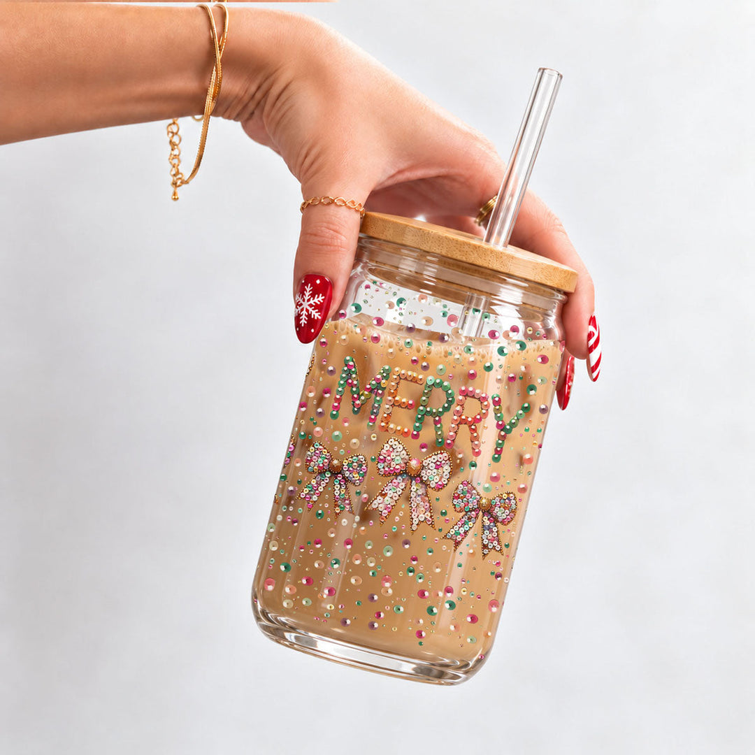 Merry Sequin Bow Glass Tumbler 17oz Bamboo Lid Christmas Great Gift for Friends