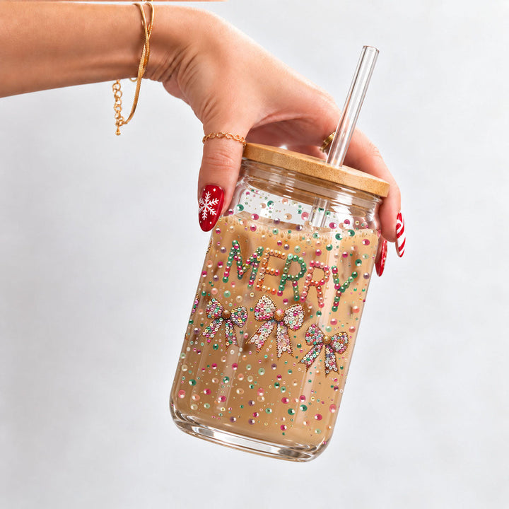 Merry Sequin Bow Glass Tumbler 17oz Bamboo Lid Christmas Great Gift for Friends