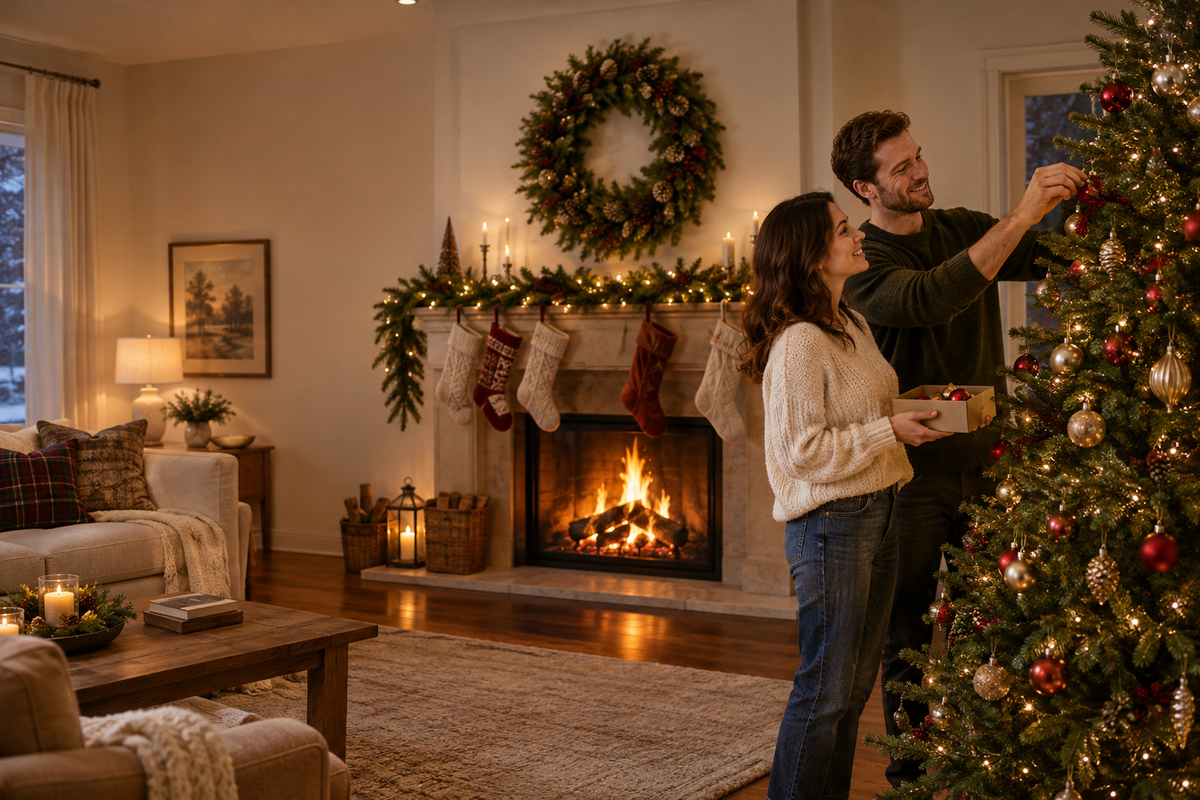 Cozy Christmas banner with two people decorating a tree beside a fireplace, wreath, and stockings