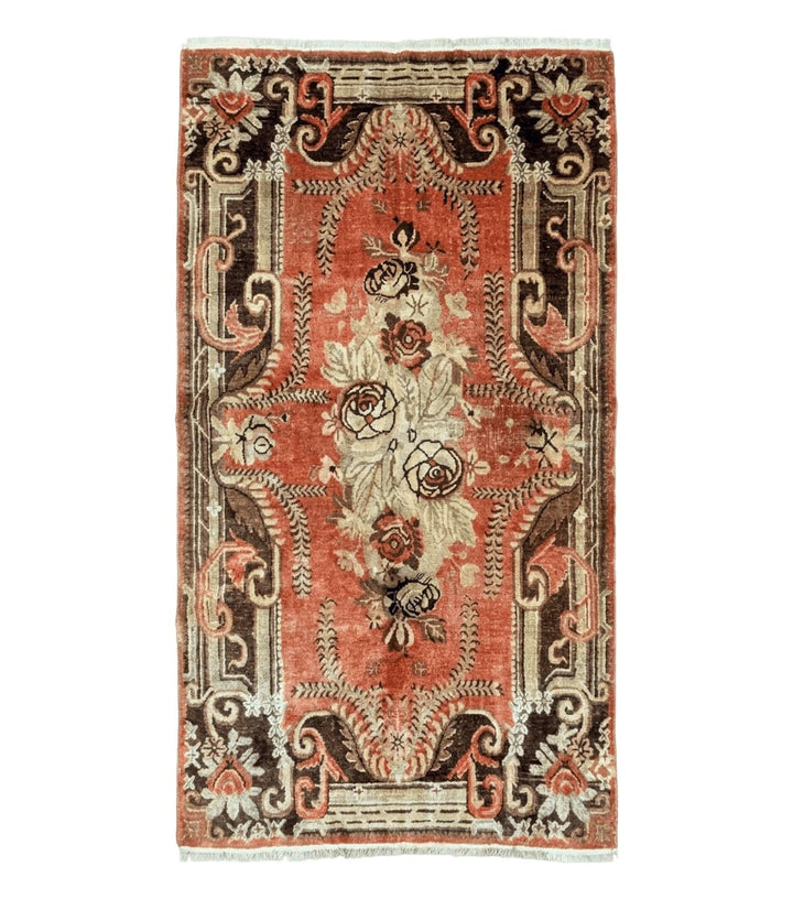 Khotan Rug 5x9, Terracotta and Brown, Floral, Chinese Wool Carpet, Antique Rug