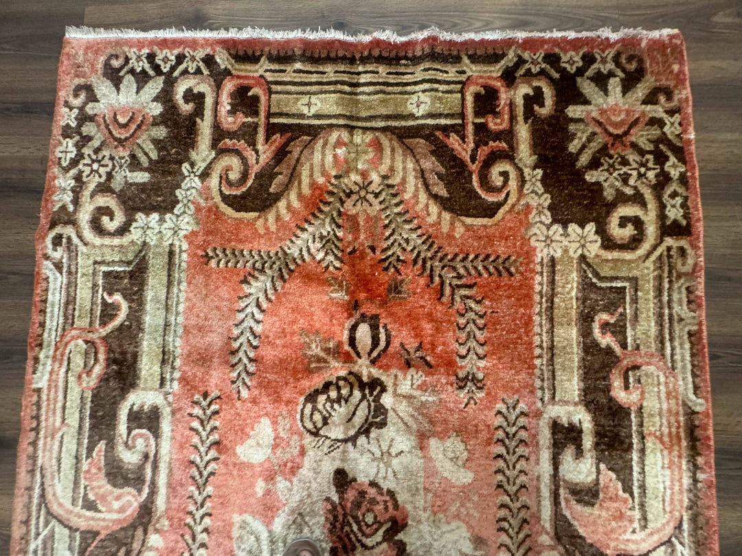 Khotan Rug 5x9, Terracotta and Brown, Floral, Chinese Wool Carpet, Antique Rug