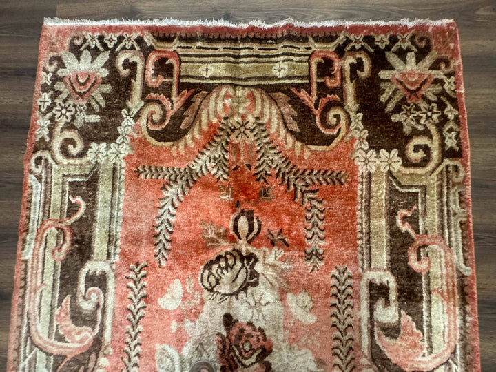 Khotan Rug 5x9, Terracotta and Brown, Floral, Chinese Wool Carpet, Antique Rug
