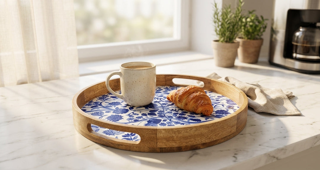 House of Avana Round Blue Mango Wood Serving Tray