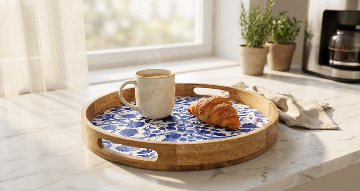House of Avana Round Blue Mango Wood Serving Tray