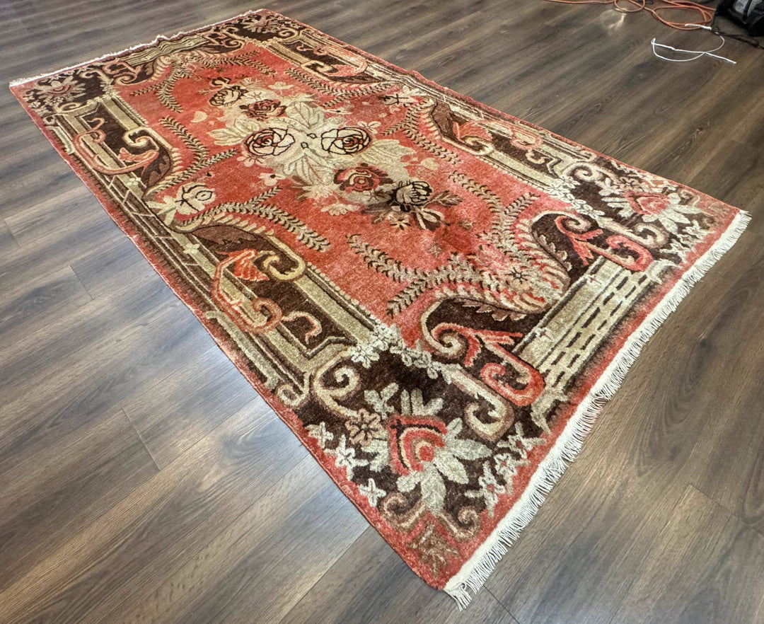 Khotan Rug 5x9, Terracotta and Brown, Floral, Chinese Wool Carpet, Antique Rug
