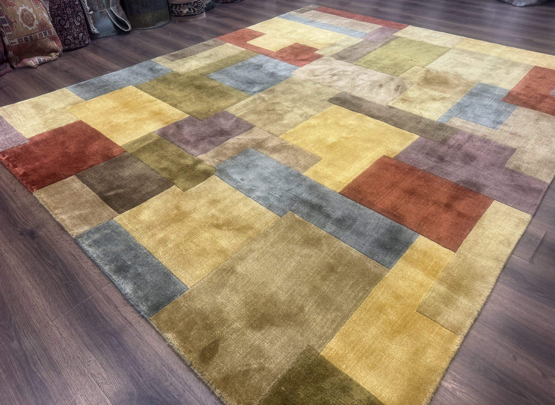 Modern Tibetan Wool Rug 8x10, Multicolor, Thick Pile, Contemporary, Nepali, Handmade