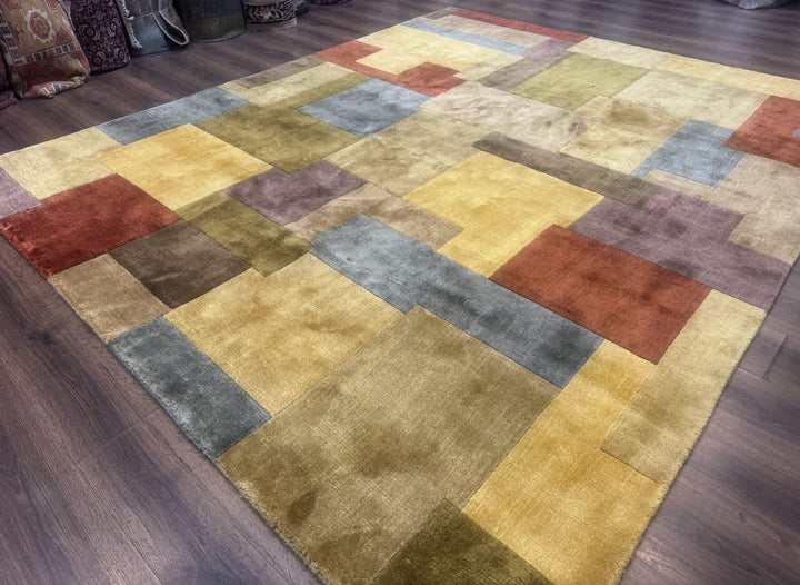 Modern Tibetan Wool Rug 8x10, Multicolor, Thick Pile, Contemporary, Nepali, Handmade