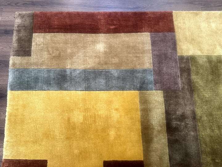 Modern Tibetan Wool Rug 8x10, Multicolor, Thick Pile, Contemporary, Nepali, Handmade