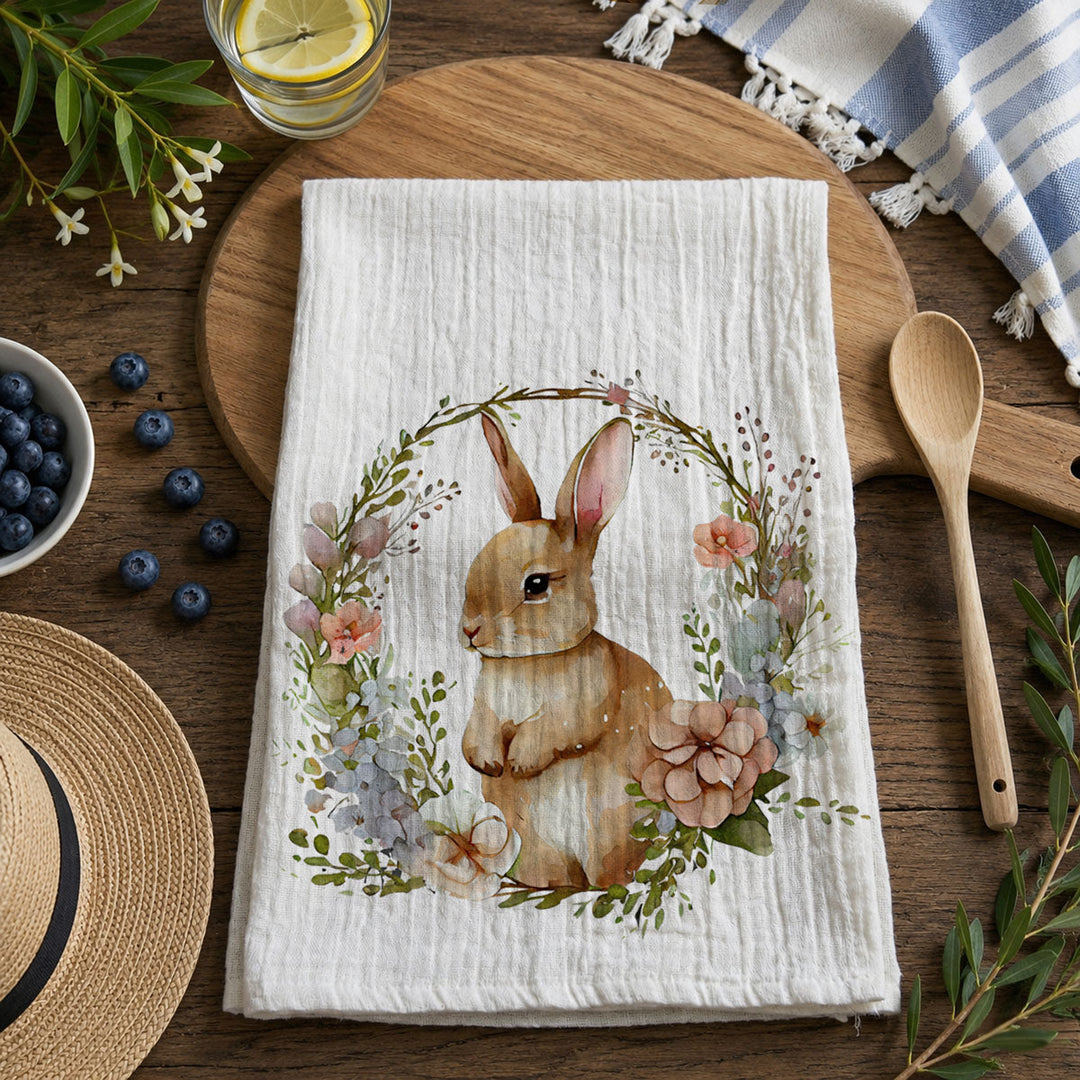 Rustic Bunny Wreath Cotton Kitchen Tea Towel Farmhouse Easter Decor Great Gifts