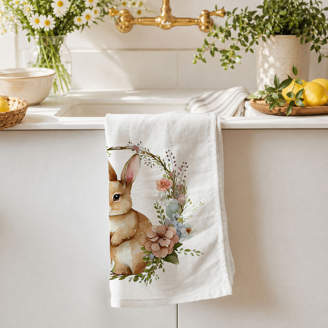 Rustic Bunny Wreath Cotton Kitchen Tea Towel Farmhouse Easter Decor Great Gifts