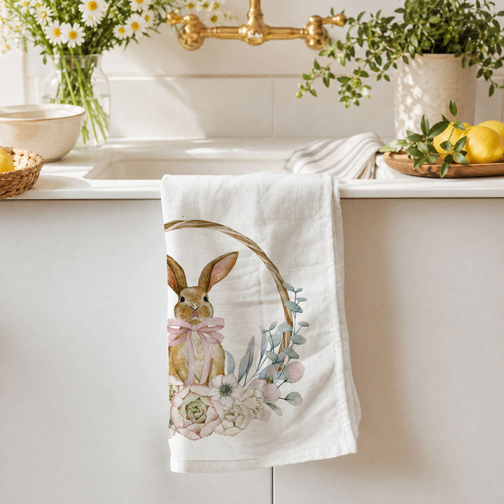 Rustic Bunny Wreath Cotton Kitchen Tea Towel Farmhouse Easter Decor Great Gifts