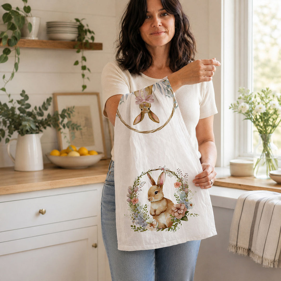 Rustic Bunny Wreath Cotton Kitchen Tea Towel Farmhouse Easter Decor Great Gifts
