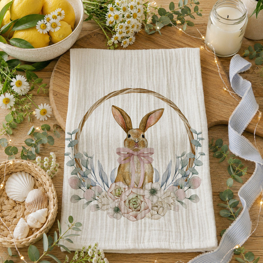 Rustic Bunny Wreath Cotton Kitchen Tea Towel Farmhouse Easter Decor Great Gifts