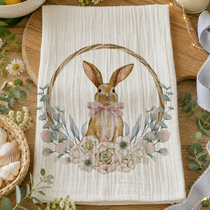 Rustic Bunny Wreath Cotton Kitchen Tea Towel Farmhouse Easter Decor Great Gifts