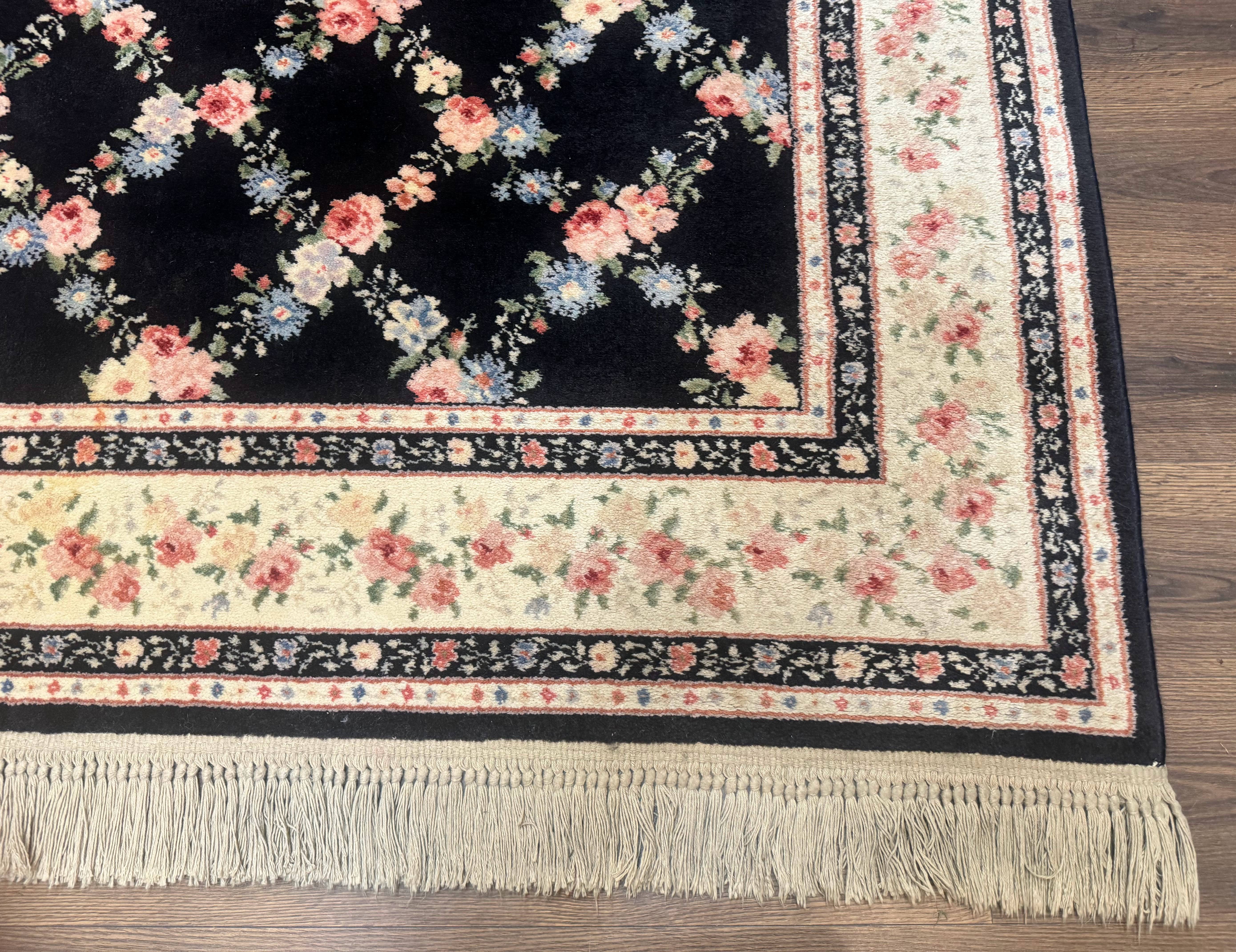 8.8 x 12 Karastan Garden of Eden Rug, Ebony Trellis #509/1270, Black, Floral, Wool Pile, Vintage, Discontinued