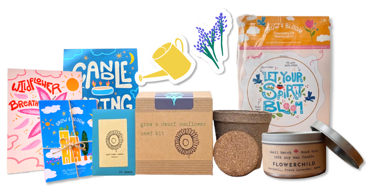 "Flower Power" Gift Box w. Dwarf Sunflower, Embroidery Kit, Meditation Cards, Soy Candle, &amp; Journal (Grow &amp; Bloom)