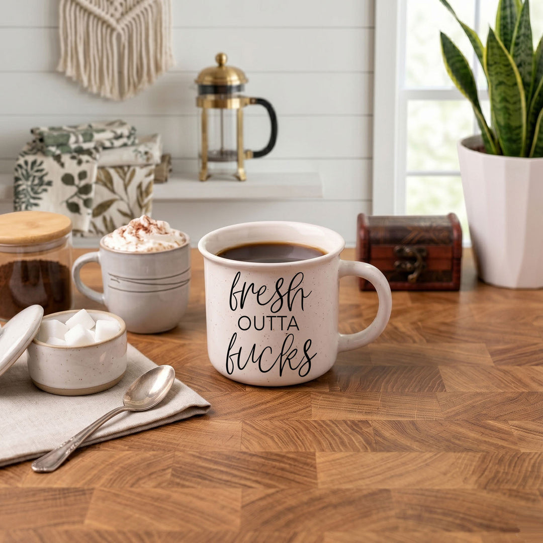 Fresh Outta Fucks Funny Ceramic Coffee Mug 14oz Double Sided Great Gifts for Her