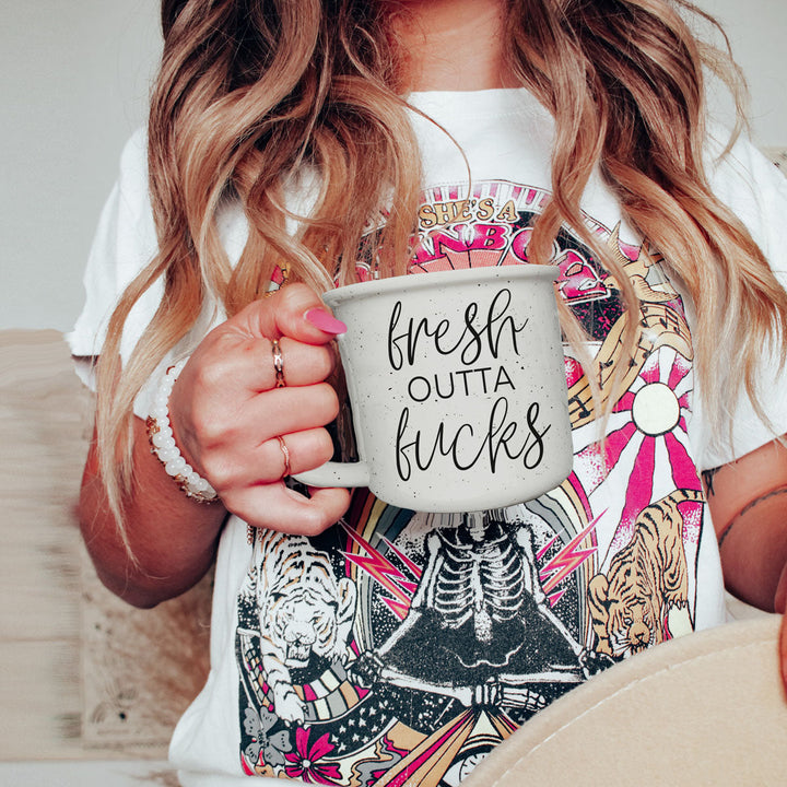 Fresh Outta Fucks Funny Ceramic Coffee Mug 14oz Double Sided Great Gifts for Her