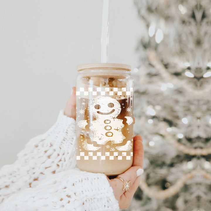 Retro Gingerbread Glass Tumbler 17oz Bamboo Lid Straw Christmas Fun Holiday Gift