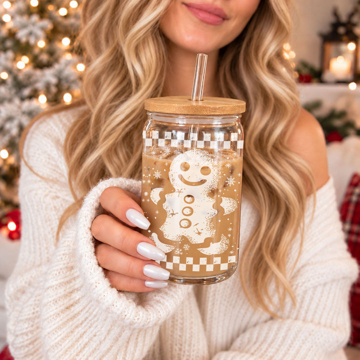 Retro Gingerbread Glass Tumbler 17oz Bamboo Lid Straw Christmas Fun Holiday Gift