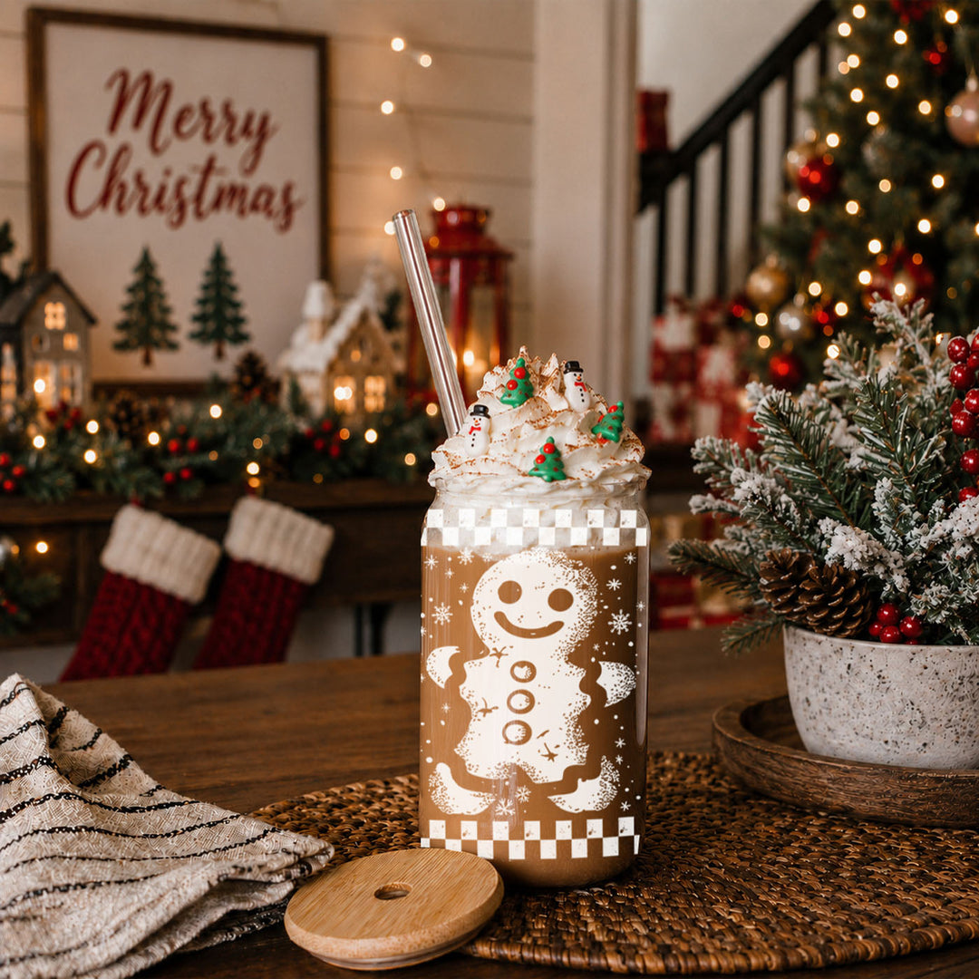 Retro Gingerbread Glass Tumbler 17oz Bamboo Lid Straw Christmas Fun Holiday Gift