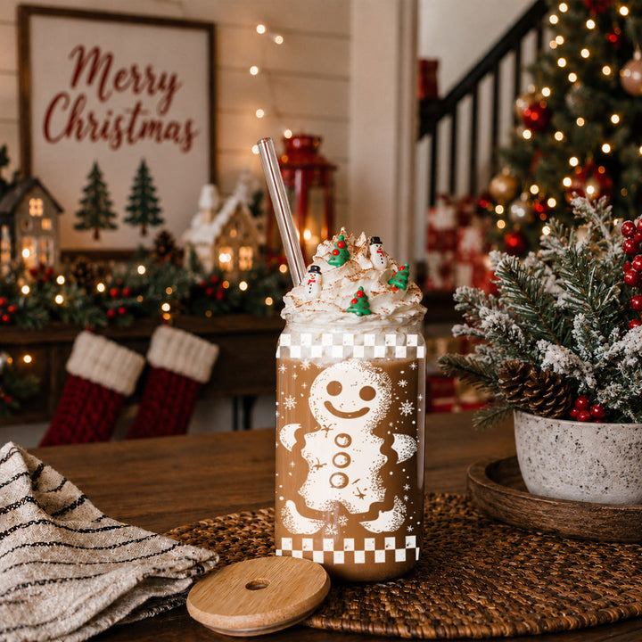Retro Gingerbread Glass Tumbler 17oz Bamboo Lid Straw Christmas Fun Holiday Gift