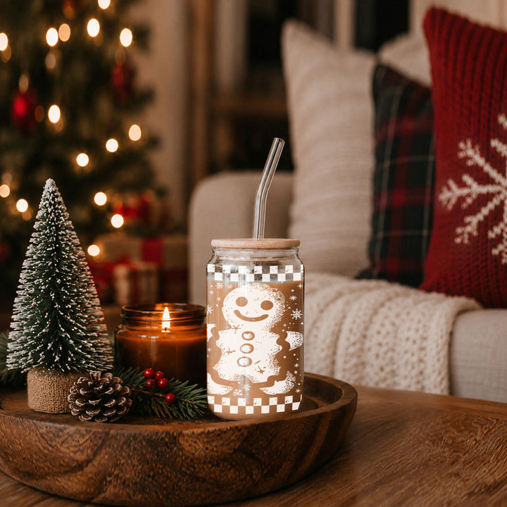 Retro Gingerbread Glass Tumbler 17oz Bamboo Lid Straw Christmas Fun Holiday Gift