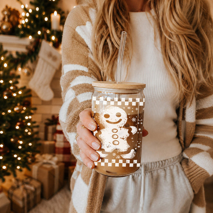 Retro Gingerbread Glass Tumbler 17oz Bamboo Lid Straw Christmas Fun Holiday Gift