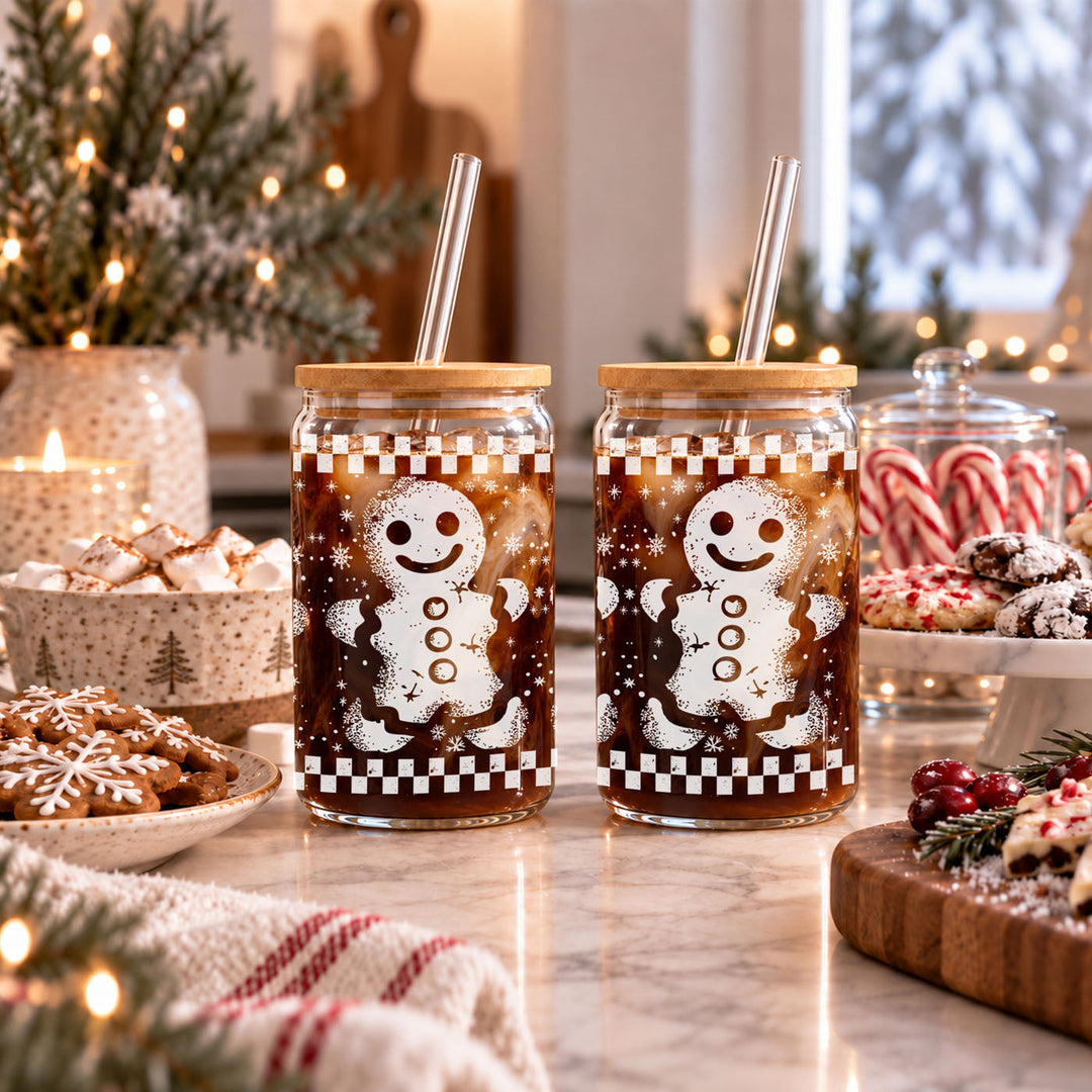Retro Gingerbread Glass Tumbler 17oz Bamboo Lid Straw Christmas Fun Holiday Gift