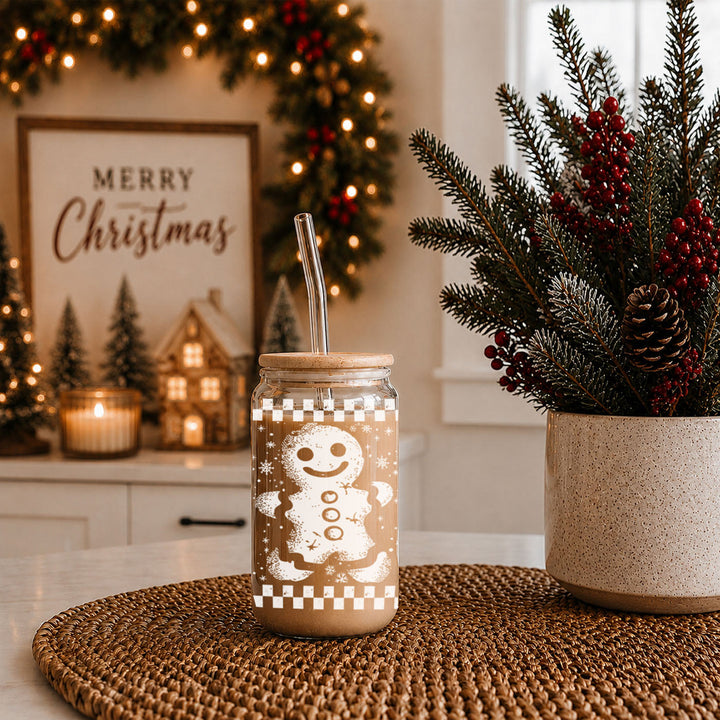 Retro Gingerbread Glass Tumbler 17oz Bamboo Lid Straw Christmas Fun Holiday Gift