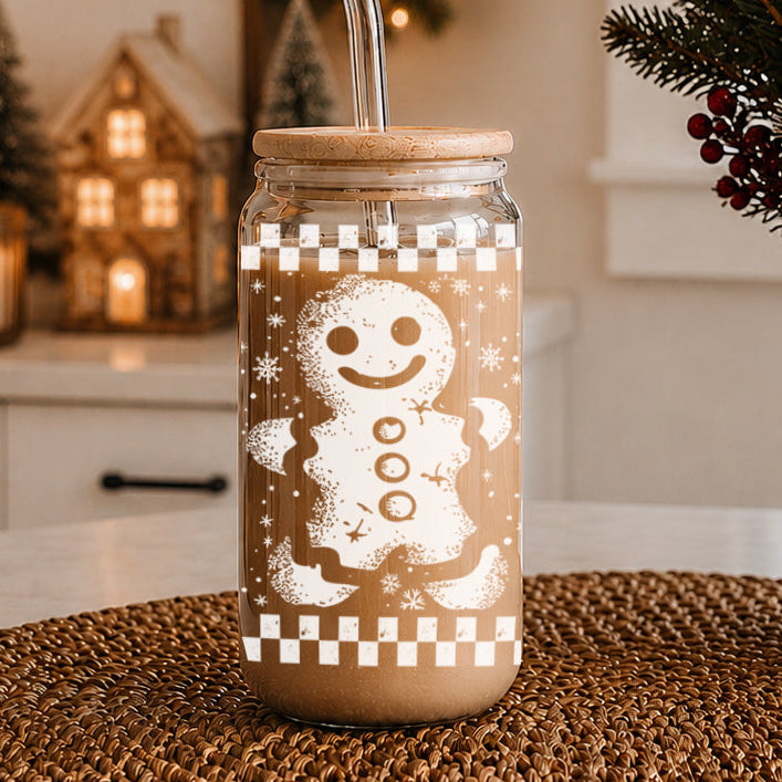 Retro Gingerbread Glass Tumbler 17oz Bamboo Lid Straw Christmas Fun Holiday Gift