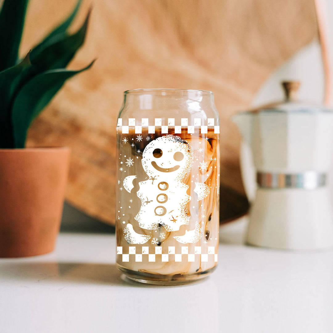 Retro Gingerbread Glass Tumbler 17oz Bamboo Lid Straw Christmas Fun Holiday Gift