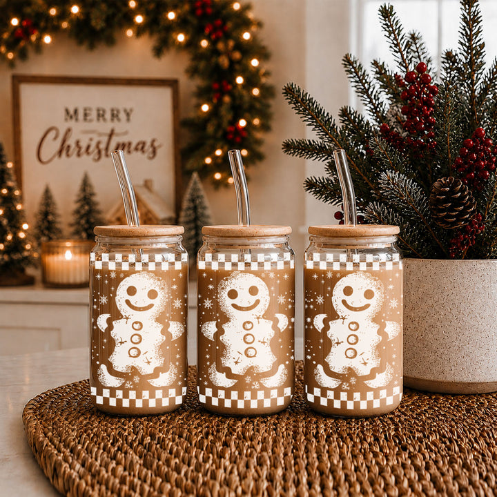 Retro Gingerbread Glass Tumbler 17oz Bamboo Lid Straw Christmas Fun Holiday Gift