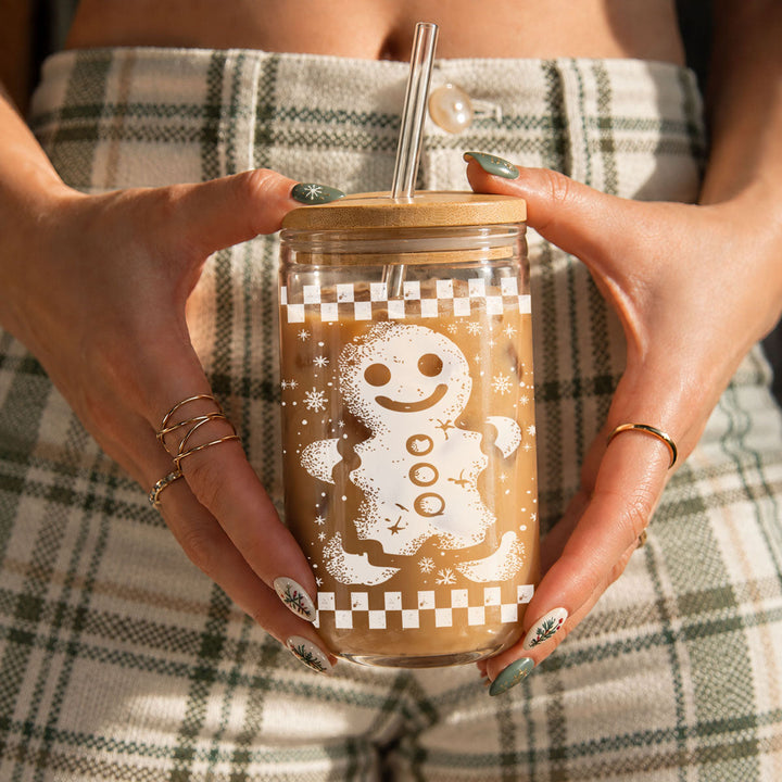 Retro Gingerbread Glass Tumbler 17oz Bamboo Lid Straw Christmas Fun Holiday Gift