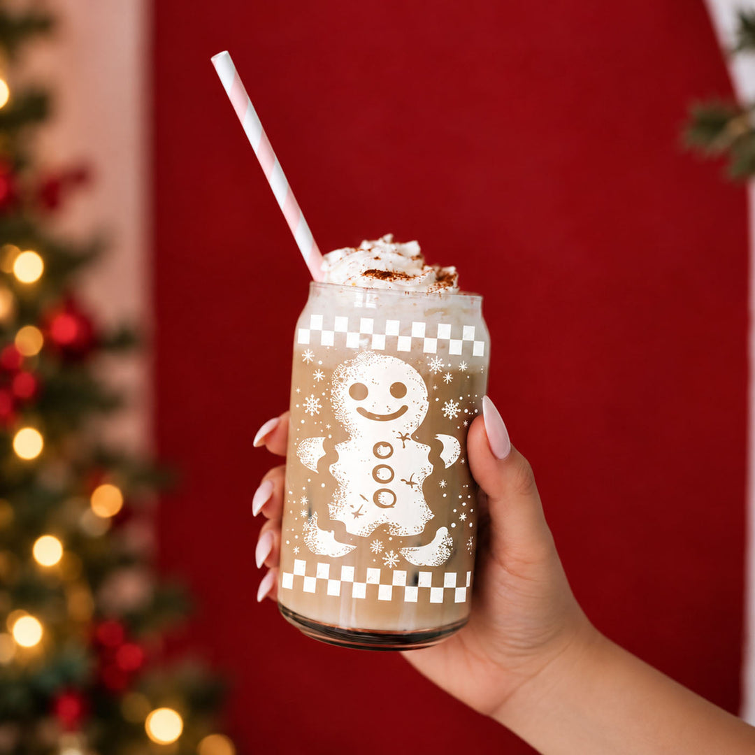 Retro Gingerbread Glass Tumbler 17oz Bamboo Lid Straw Christmas Fun Holiday Gift