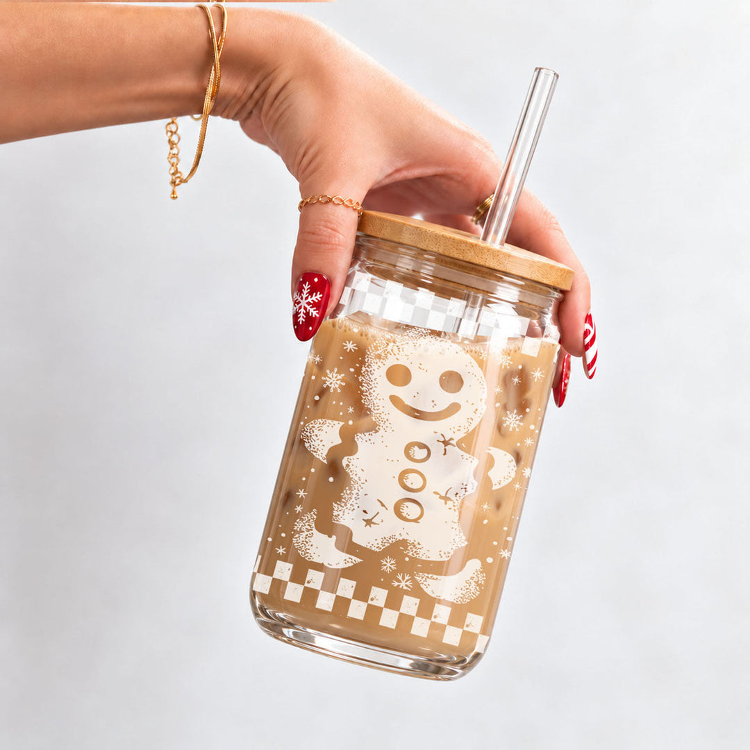 Retro Gingerbread Glass Tumbler 17oz Bamboo Lid Straw Christmas Fun Holiday Gift