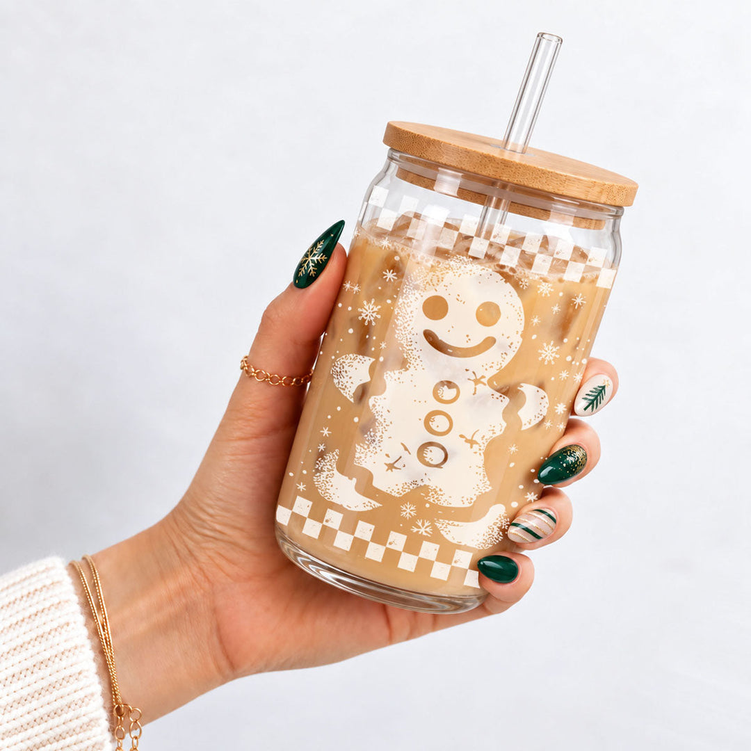 Retro Gingerbread Glass Tumbler 17oz Bamboo Lid Straw Christmas Fun Holiday Gift